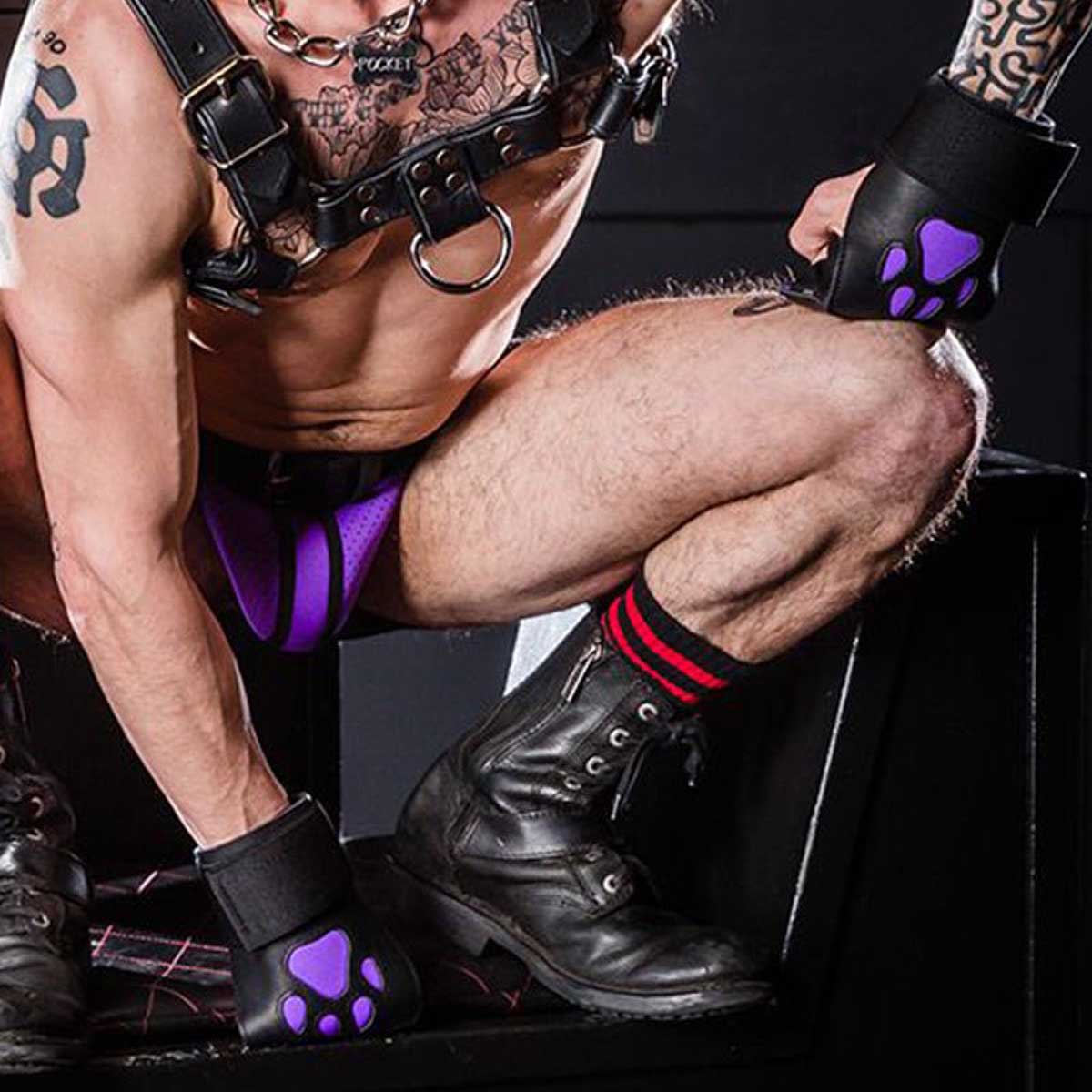 Mr S Leather Open Paw Puppy Gloves Black Purple