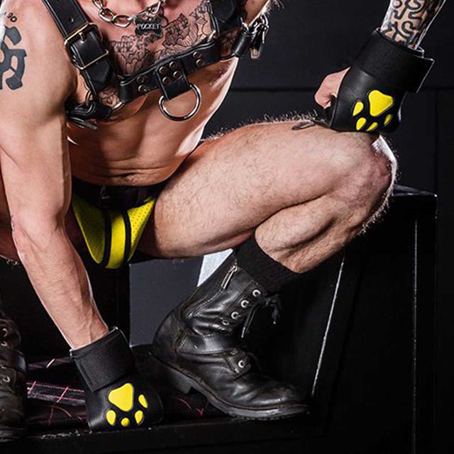 Mr S Leather Open Paw Puppy Gloves Black Yellow