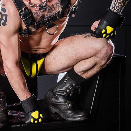 Mr S Leather Open Paw Puppy Gloves Black Yellow
