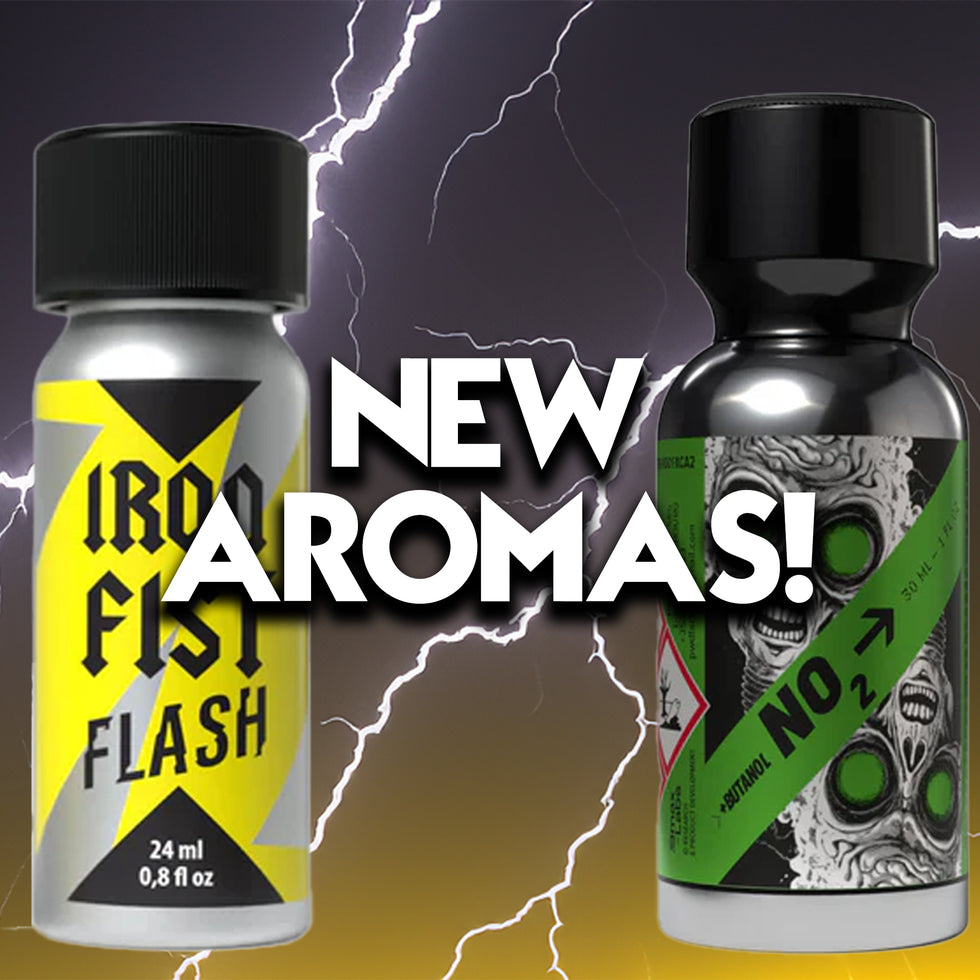Two bottles of aromas with black caps are shown against a dark background with lightning bolts. The left bottle is labeled 'IRON FIST FLASH' in yellow and black, and the right bottle is labeled 'NO2' with a green diagonal banner and skull graphics.