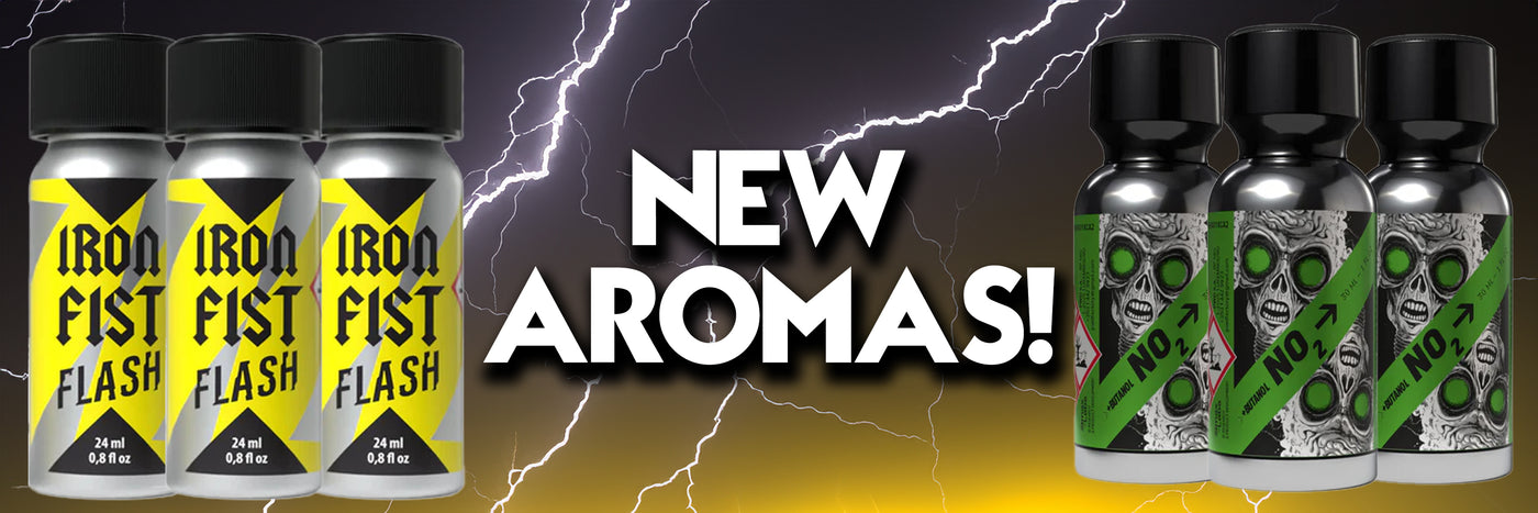 Promotional banner showing multiple bottles of Iron Fist Flash on a dark background with lightning. The left group has yellow and black labels, and the right group has green and black labels.