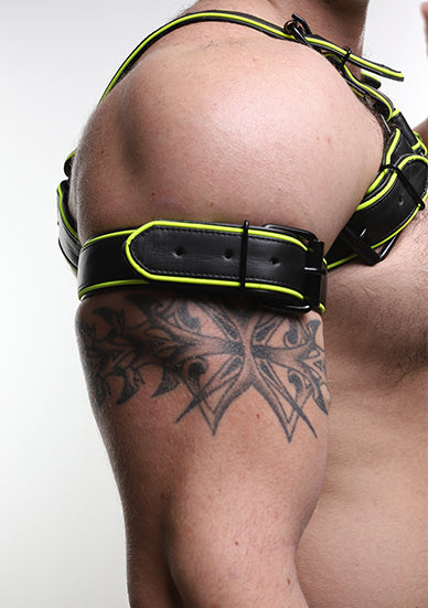 ruff GEAR Leather Reflector Bicep Strap Black Neon Yellow