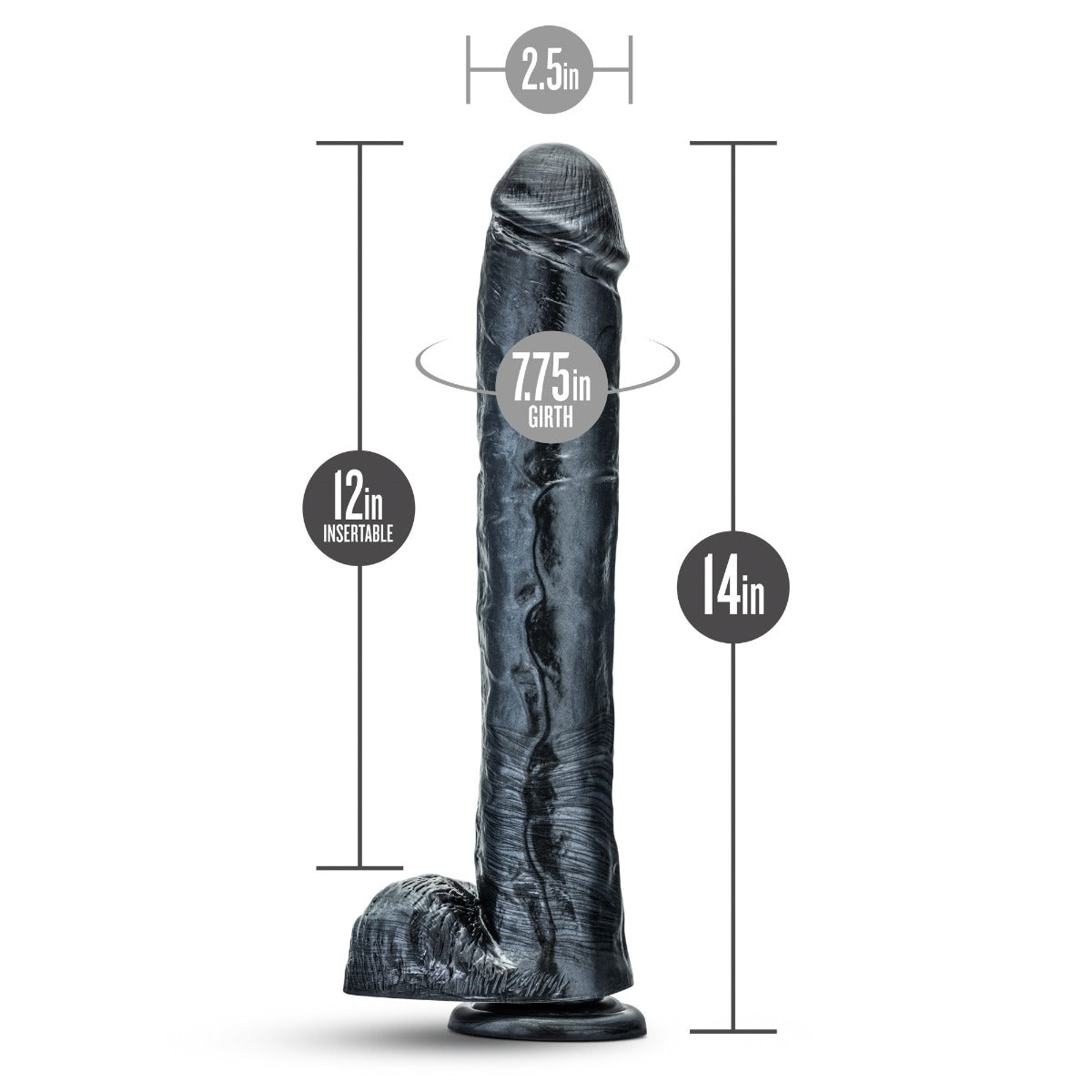 Jet Dark Steel Carbon Metallic Black Dildo 14 Inch