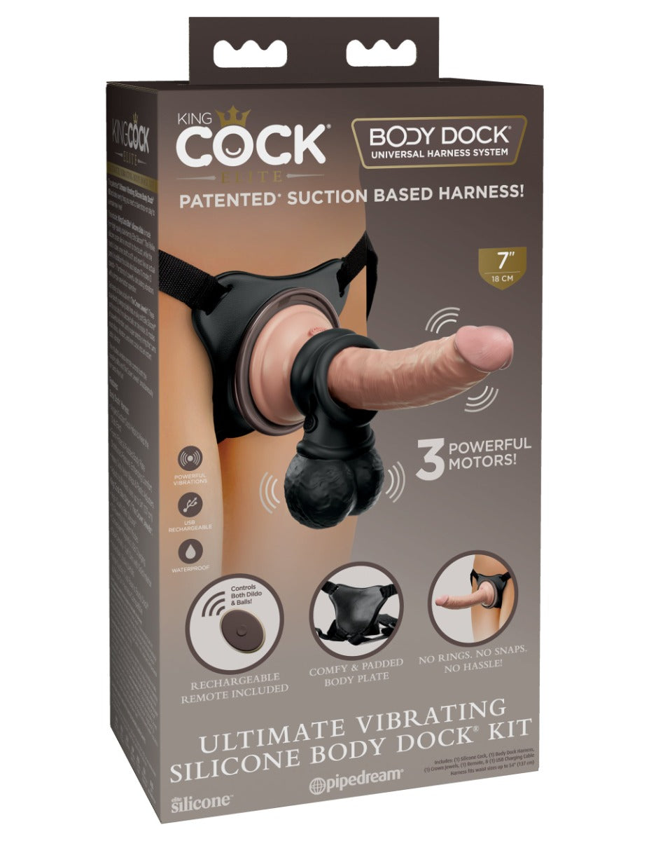 Pipedream King Cock Elite Ultimate Vibrating Silicone Body Dock Kit 7 Inch Flesh