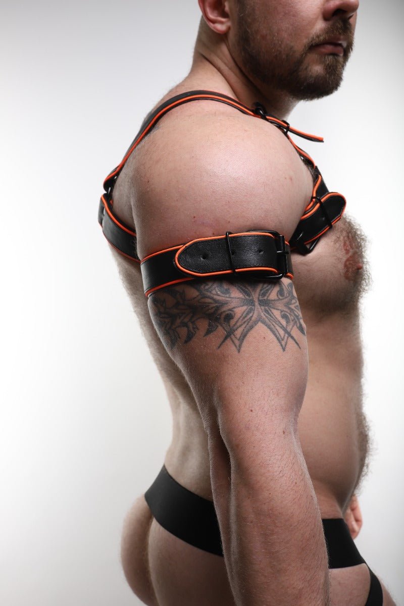 ruff GEAR Leather Reflector Bicep Strap Black Neon Orange